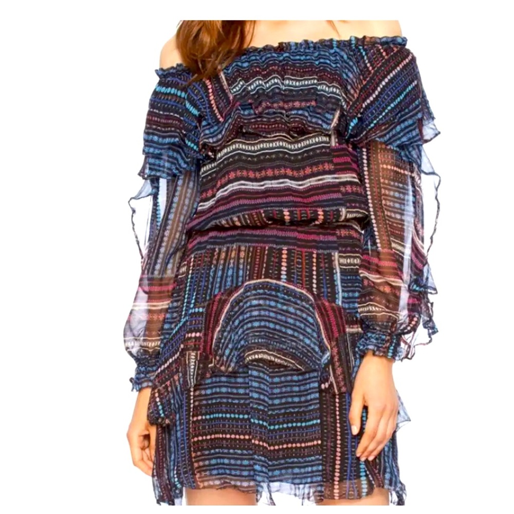 NWT 100% Silk Off-Shoulder Parker NY Multicolor Dress w/ Ruffles Sz M